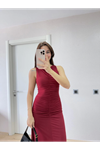 Kolsuz Büzgülü Uzun Elbise - Kırmızı