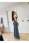 Kolsuz Büzgülü Uzun Elbise - Füme