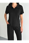 Osy Modal Yumuşak Dokulu Kumaş Kısa Kollu Yakalı T-shirt Pantalon Ikili Takım- Siyah