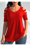 Kadın Kısa Kollu Kollar şerit Detay V Yaka Viskon Bluz
