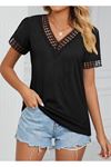 Kadın Kısa Kollu V Yaka Dantel Yakalı Viskon Bluz