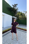 Yakalı Gömlek Kemerli Şortlu Takım - Bordo