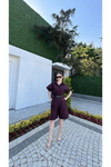 Yakalı Gömlek Kemerli Şortlu Takım - Bordo