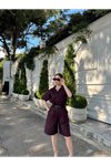 Yakalı Gömlek Kemerli Şortlu Takım - Bordo