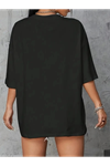 Baskılı Oversize Bisiklet Yaka T-shirt - Siyah