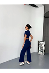Osy Modal Yumuşak Dokulu Kumaş Kısa Kollu Crop Alt Ispanyol Paça Pantalon Ikili Takım - Lacivert