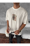 Erkek Ön Ve Arka Baskılı Oversize Bisiklet Yaka T-shirt - Beyaz