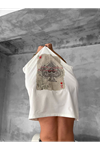 Erkek Ön Ve Arka Baskılı Oversize Bisiklet Yaka T-shirt - Beyaz