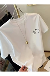Baskılı Oversize Bisiklet Yaka T-shirt - Beyaz