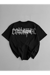 Baskılı Oversize Bisiklet Yaka T-shirt - Siyah