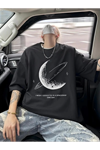 Baskılı Oversize Bisiklet Yaka T-shirt - Siyah