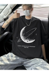 Baskılı Oversize Bisiklet Yaka T-shirt - Siyah