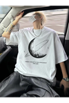 Baskılı Oversize Bisiklet Yaka T-shirt - Beyaz
