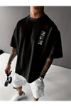 Baskılı Oversize Bisiklet Yaka T-shirt - Siyah