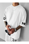 Baskılı Oversize Bisiklet Yaka T-shirt - Beyaz
