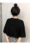 Baskılı Oversize Bisiklet Yaka T-shirt - Siyah