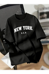New York Baskılı Oversize Bisiklet Yaka T-shirt - Siyah