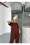 Osy Modal Yumuşak Dokulu Kumaş Kısa Kollu Bluz Rahat Pantalon Ikili Takım- Kahverengi