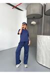 Osy Modal Yumuşak Dokulu Kumaş Kısa Kollu Bluz Rahat Pantalon Ikili Takım- Lacivert
