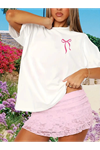 Fiyonk Baskılı Oversize Bisiklet Yaka T-shirt - Beyaz