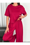 Osy Modal Yumuşak Dokulu Kumaş Bisiklet Yaka T-shirt Bol Paça Pantalon Ikili Takım -Bordo