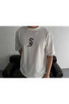 Baskılı Oversize Bisiklet Yaka T-shirt - Beyaz