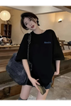 Baskılı Oversize Bisiklet Yaka T-shirt - Siyah