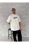 Ön Ve Arka Baskılı Oversize Bisiklet Yaka T-shirt- Beyaz