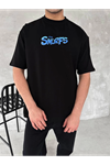 Ön Ve Arka Baskılı Oversize Bisiklet Yaka T-shirt- Siyah