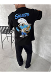 Ön Ve Arka Baskılı Oversize Bisiklet Yaka T-shirt- Siyah