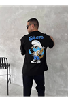 Ön Ve Arka Baskılı Oversize Bisiklet Yaka T-shirt- Siyah