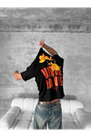 Ön Ve Arka Baskılı Oversize Bisiklet Yaka T-shirt- Siyah