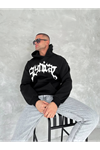 Unisex Üç İplik Kapşonlu Baskılı SweatShirt - Siyah