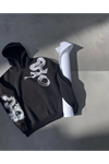 Uzun Kol Kapşonlu Baskılı SweatShirt - Siyah