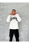 Unisex Üç İplik Kapşonlu Baskılı SweatShirt - Beyaz