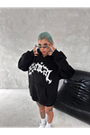 Unisex Üç İplik Kapşonlu Baskılı SweatShirt - Siyah