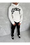 Unisex Üç İplik Kapşonlu Baskılı SweatShirt - Beyaz