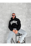 Unisex Üç İplik Kapşonlu Baskılı SweatShirt - Siyah