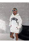 Unisex Üç İplik Kapşonlu Baskılı SweatShirt - Beyaz