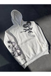 Uzun Kol Kapşonlu Baskılı SweatShirt - Beyaz