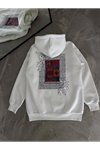 Uzun Kol Kapşonlu Ön Ve Arka Baskılı SweatShirt - Beyaz