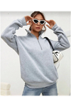 Unisex Uzun Kol Yarım Farmuarlı Yakalı Basic SweatShirt - Gri
