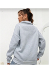 Unisex Uzun Kol Yarım Farmuarlı Yakalı Basic SweatShirt - Gri