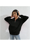 Unisex Uzun Kol Yarım Farmuarlı Yakalı Basic SweatShirt - Siyah
