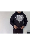 Uzun Kol Kapşonlu Baskılı SweatShirt - Siyah