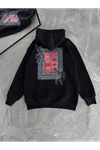 Uzun Kol Kapşonlu Ön Ve Arka Baskılı SweatShirt - Siyah