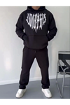 Uzun Kol Kapşonlu Baskılı SweatShirt - Siyah