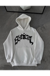 Üç İplik Kapşonlu Baskılı Oversize SweatShirt-  Beyaz