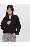 Oversize Yarım Farmuarlı Yakalı Basic SweatShirt - Siyah