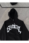 Üç İplik Kapşonlu Baskılı Oversize SweatShirt- Siyah
